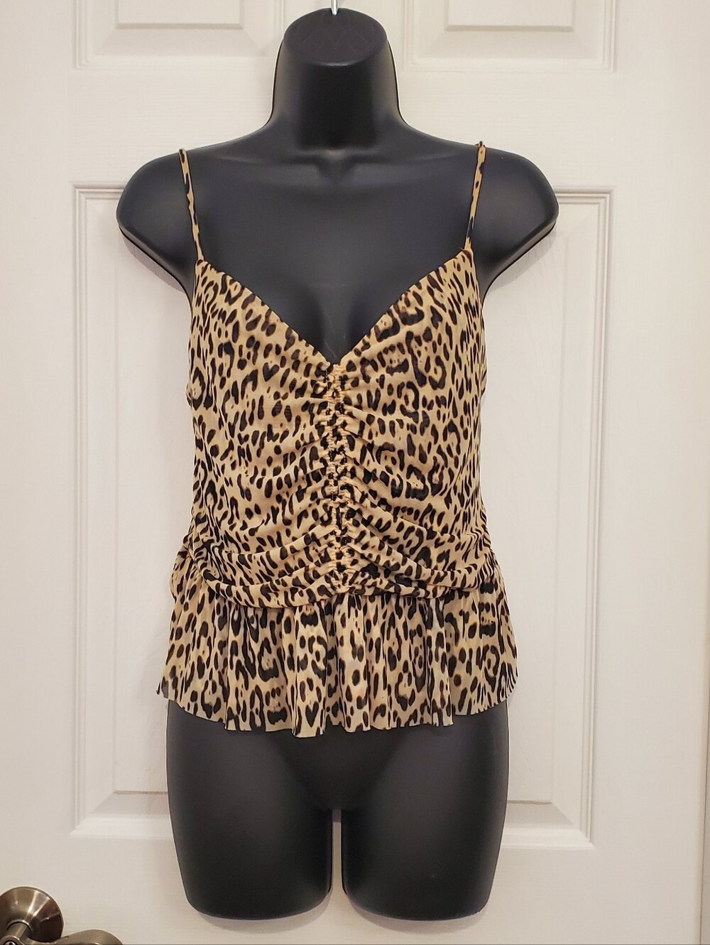 Guess Leopard Print Spaghetti Strap Peplum Top - Tan and Black XL - Picture 2 of 8